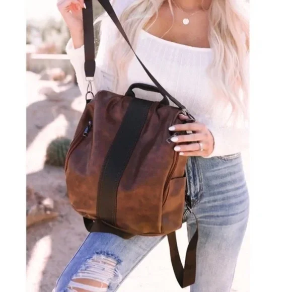 Bags | Luxe Brown Vegan Leather Mini Backpack With Zipper  display picture 1